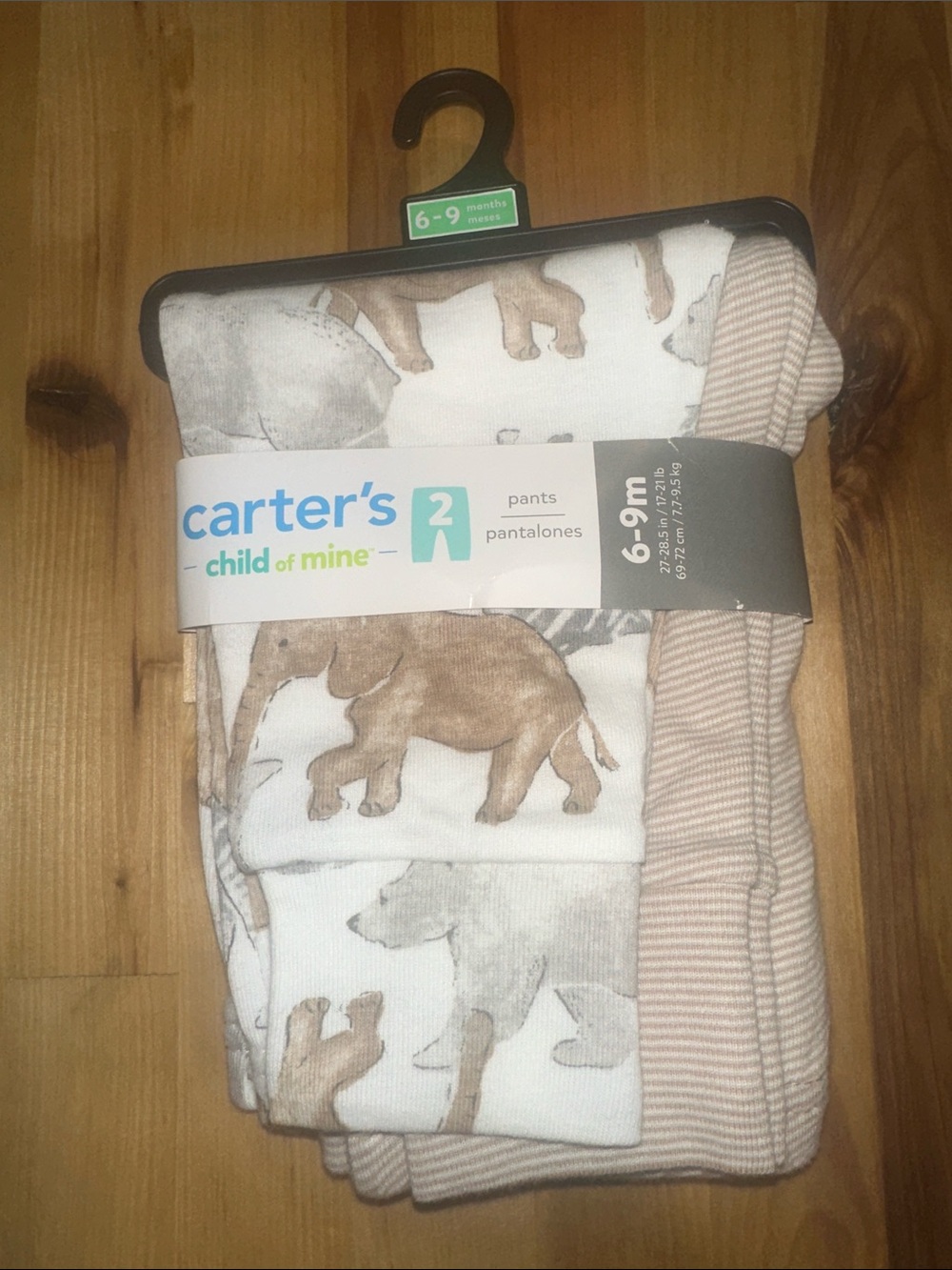 Carter's Baby Pants Two-Pack - White with Brown Elephant & Beige Stripes